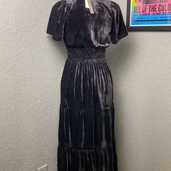 NWT Anthropologie Somerset Gray Tiered v neck velvet maxi dress XXS - Picture 10 of 14